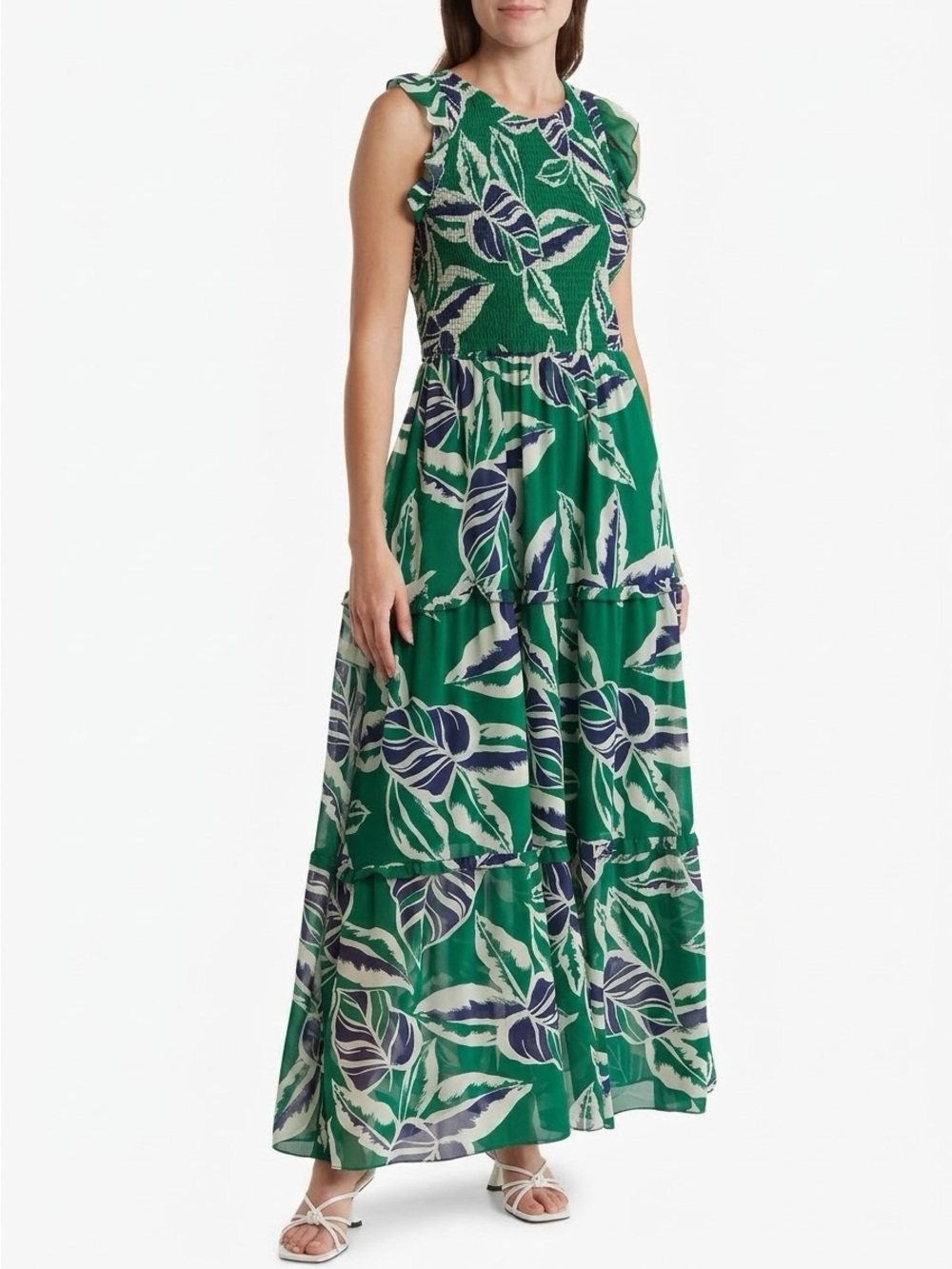 Melloday NWOT Smocked Flutter Sleeve Tiered Palm Print Maxi Dress Green L